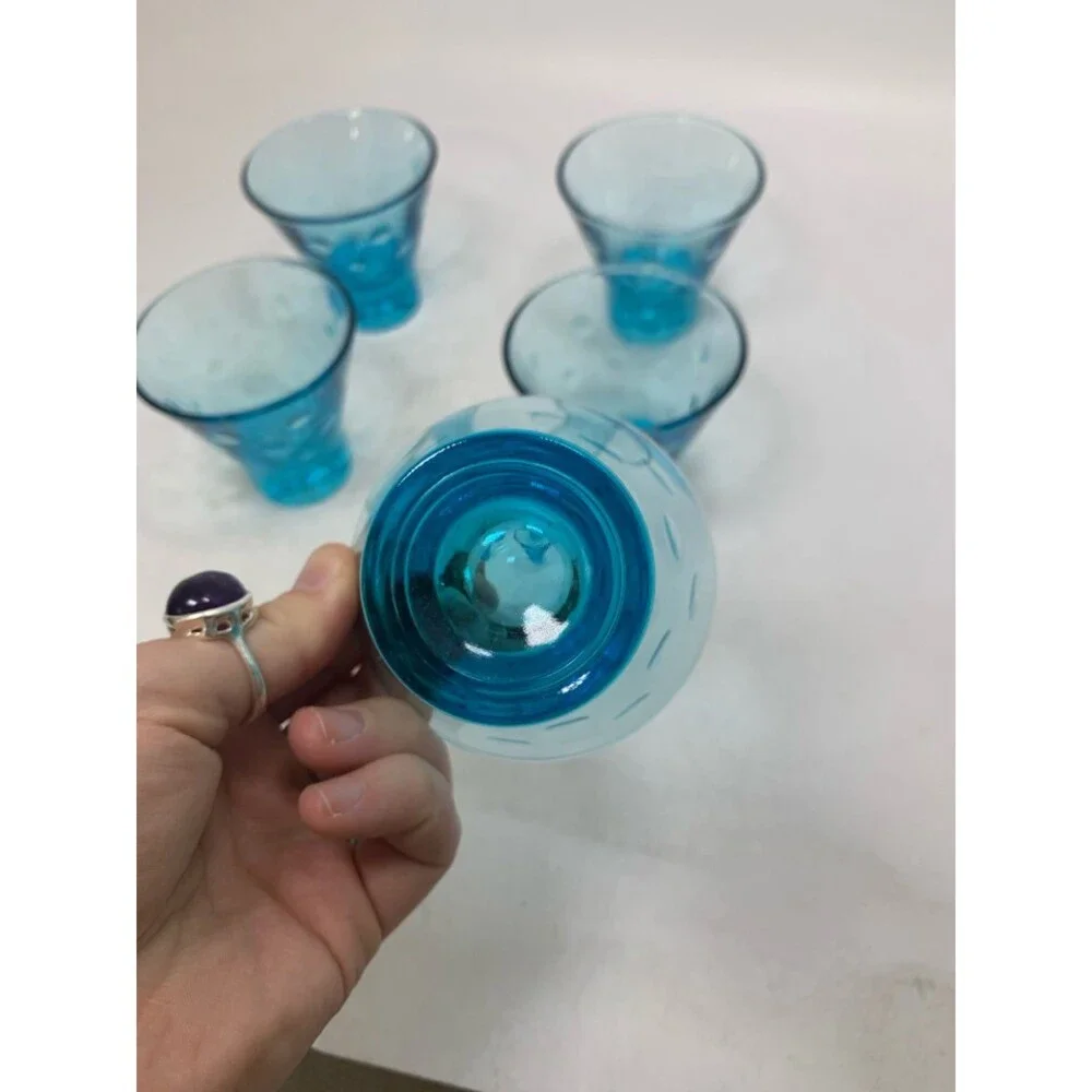 5 VTG FOOTED LIGHT BLUE CORDIAL GLASSES W/ EMBOSSED CIRCLES 3 
